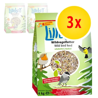 Lillebro Wild bird feed, 3 x 4 kg pakkaukset. Ambrosia controlled, husked. Pakkaus sisältää lintujen siemenseosta, näkyvissä englannin- ja saksankielistä tuotetietoa.