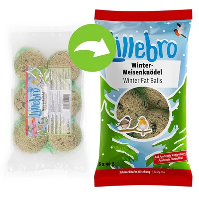 Lillebro Winter-Meisenknödel Winter Fat Balls, sachet de 6 boules de graisse pour oiseaux, 6 x 90 g, emballage avec illustration d’oiseaux et texte en allemand et anglais visibles.