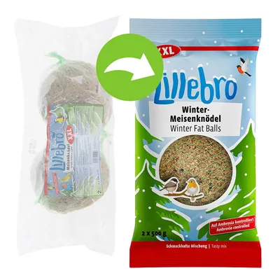Boules de graisse XXL Lillebro pour oiseaux, emballage avec texte Winter Fat Balls, 2 x 500 g, Ambrosia controlled, mélange savoureux. Texte en allemand et anglais visible.