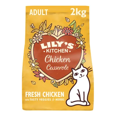 Lily's Kitchen Chicken Casserole, Adult, 2kg. Fresh chicken with tasty veggies & herbs. Yellow pack with cat illustration and floral design.