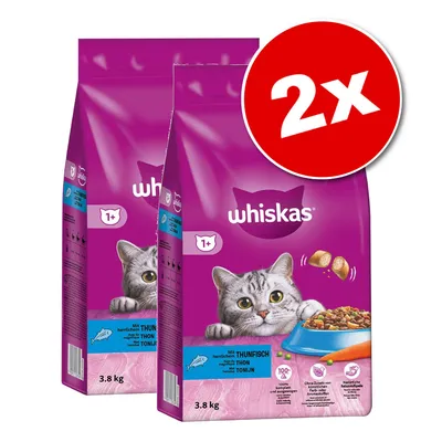 Lot de 2 sacs Whiskas 3,8 kg pour chats adultes, saveur thon, emballage violet avec image de chat gris et bol de croquettes, texte visible en allemand et néerlandais.