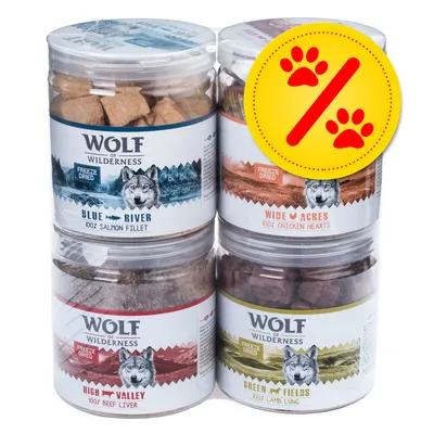 Wolf of Wilderness friandises lyophilisées : Blue River 100% filet de saumon, Wide Acres 100% cœurs de poulet, High Valley 100% foie de bœuf, Green Fields 100% poumon d’agneau, offre spéciale