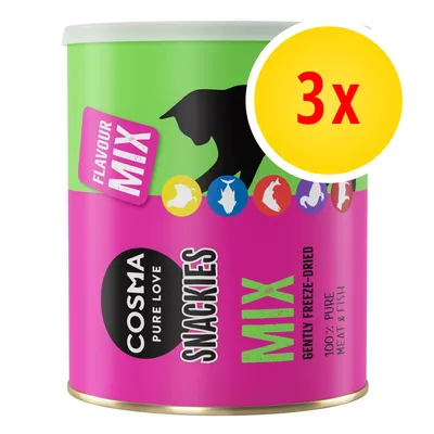 Cosma Pure Love Snackies Mix, 100 % pure meat & fish, gently freeze-dried, lot de 3 boîtes. Texte en anglais visible : Flavour Mix.
