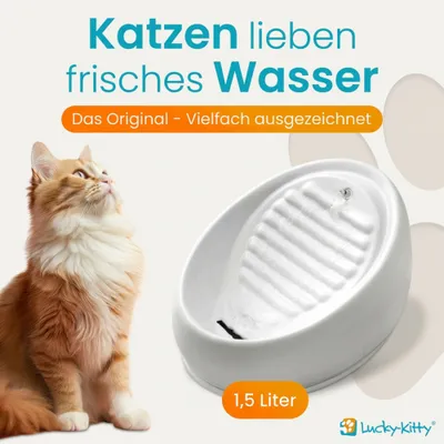 Lucky-Kitty Katzenbrunnen Keramik - Trinkbrunnen 1,5 Liter, weiß
