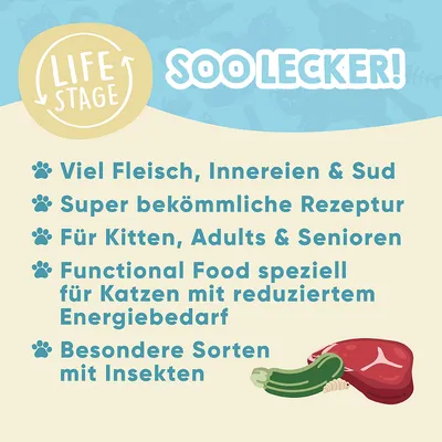 Soo lecker! Viel Fleisch, Innereien & Sud. Super bekömmliche Rezeptur. Für Kitten, Adults & Senioren. Functional Food für Katzen mit reduziertem Energiebedarf. Besondere Sorten mit Insekten.