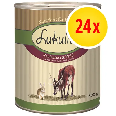 Lukullus Kaninchen & Wild, mit Naturreis, Apfel und Leinöl, 800 g. Pakkauksessa 24 x 800 g säilykepurkkia. Etiketissä kani ja peura. Lukullus Kaninchen & Wild, mit Naturreis, Apfel und Leinöl, 800 g. Pakkauksessa 24 x 800 g säilykepurkkia. Etiketissä kani ja peura.