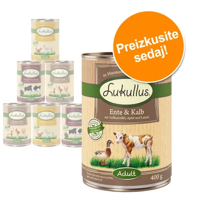 Lukullus Ente & Kalb Adult 400 g, konzerva s sliko race in teleta. Oranžni krog z besedilom: Preizkusite sedaj! Več okusov v ozadju: Rind & Truthahn, Geflügel & Lamm. Lukullus Ente & Kalb Adult 400 g, konzerva s sliko race in teleta. Oranžni krog z besedilom: Preizkusite sedaj! Več okusov v ozadju: Rind & Truthahn, Geflügel & Lamm.