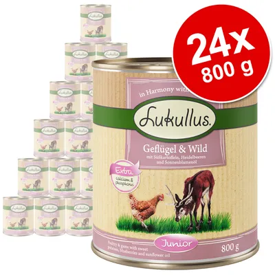 Lukullus Geflügel & Wild Junior, 24x800 g pločevinke. Na embalaži: Extra calcium & phosphorus, mit Süßkartoffeln, Heidelbeeren und Sonnenblumenöl.