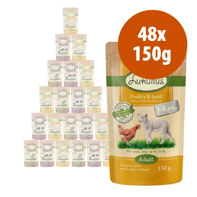 Confezione multipla 48x150g Lukullus Mini Adult, visibile busta con testo: Poultry & lamb with potatoes and hemp oil, per cani fino a 10 kg, 150 g.
