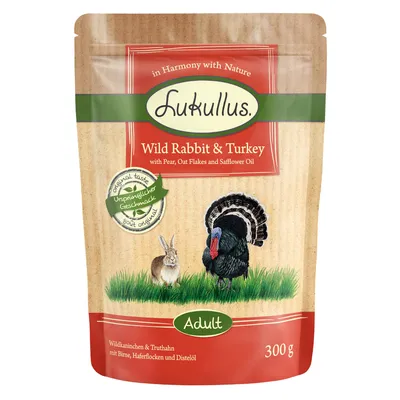 Lukullus wild rabbit & turkey with pear, oat flakes and safflower oil. Adult, 300g. Original taste, in harmony with nature.