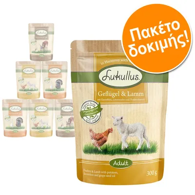 Πακέτο δοκιμής Lukullus. Ορατές συσκευασίες με ονόματα γεύσεων, π.χ. Geflügel & Lamm, Adult, 300 g. Ετικέτα: Original taste, φυσική γεύση. Κείμενο στα γερμανικά και αγγλικά. Πακέτο δοκιμής Lukullus. Ορατές συσκευασίες με ονόματα γεύσεων, π.χ. Geflügel & Lamm, Adult, 300 g. Ετικέτα: Original taste, φυσική γεύση. Κείμενο στα γερμανικά και αγγλικά.