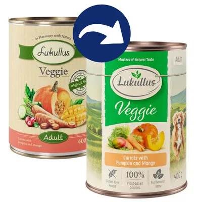 Lukullus Veggie Adult, wortelen met pompoen en mango, glutenvrij recept, plantaardige ingrediënten, 100% natuurlijke smaak, 400g blik.