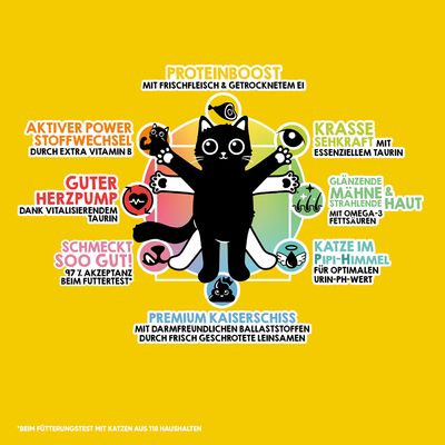 Grafik mit Katze und Produktvorteilen: Proteinboost, aktiver Stoffwechsel, gesunde Herzfunktion, hohe Akzeptanz, gute Verdauung, optimale Urinwerte, glänzende Haut und Fell, starke Sehkraft.