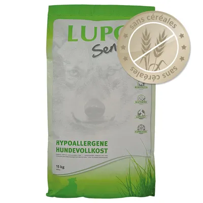 Sachet de 15 kg LUPO Sensitiv, texte visible : HYPOALLERGENE HUNDEVOLLKOST, sans céréales, monoprotein, glutenfrei, lupozell, icepressed.