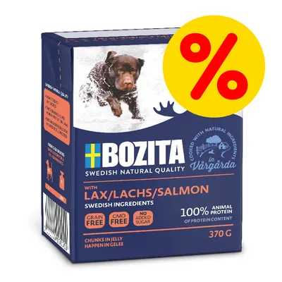 BOZITA Swedish Natural Quality con salmone, 370 g, 100% proteine animali, senza cereali, OGM e zuccheri aggiunti. Offerta speciale indicata dal simbolo percentuale.