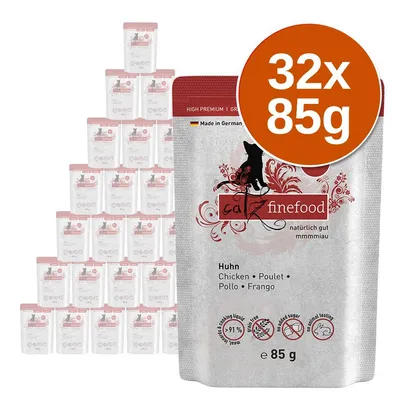 catz finefood Huhn, 32 x 85 g. Widoczne opakowanie z tekstem: Chicken, Poulet, Pollo, Frango, bez dodatku cukru, bez testów na zwierzętach, ponad 91 % mięsa.