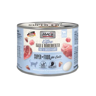 MAC's Kitten Kalb & Hühnerherzen, Super Food for Cats, Calf & Chicken Hearts, senza cereali, alto contenuto di carne, alimento completo per gattini. Testo in inglese e tedesco.