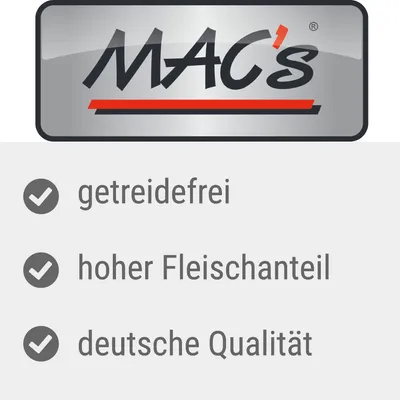 MAC's. Texte en allemand : getreidefrei, hoher Fleischanteil, deutsche Qualität.