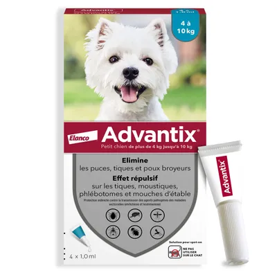 Advantix Elanco, petit chien de plus de 4 kg jusqu’à 10 kg. Élimine puces, tiques, poux broyeurs. Effet répulsif sur tiques, moustiques, phlébotomes, mouches d’étable. 4 x 1,0 ml.