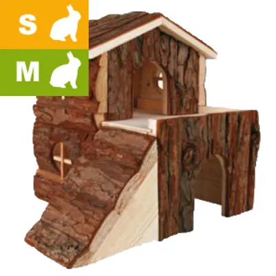 Maison en bois pour rongeurs avec rampe, deux niveaux et ouvertures. Icônes lapin S et M visibles en haut à gauche.