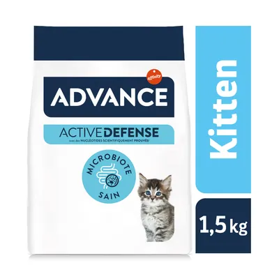 Advance Active Defense Kitten, 1,5 kg, avec texte 'Microbiote sain' et image d’un chaton sur l’emballage. Mention 'avec des nucléotides scientifiquement prouvés'.