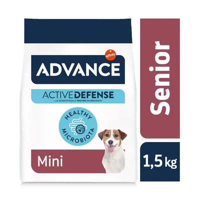 Sac Advance Active Defense Mini Senior 1,5 kg, mentions visibles : Healthy Microbiota, affinity, avec illustration de chien. Texte en anglais et français. Sac Advance Active Defense Mini Senior 1,5 kg, mentions visibles : Healthy Microbiota, affinity, avec illustration de chien. Texte en anglais et français.