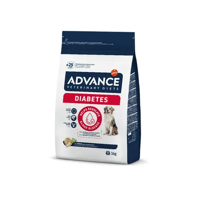 Bag labelled Advance Veterinary Diets Diabetes, shows helps regulate blood glucose, grain-free, low calorie content, and 3kg weight. Image of a dog is present on the packaging.