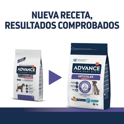 Advance Veterinary Diets Articular Senior 7+ años, nueva receta. Imagen de dos envases de pienso para perros con texto: 'Nueva receta, resultados comprobados'.