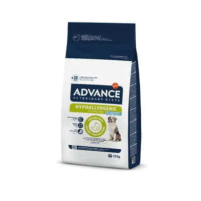 ADVANCE Veterinary Diets Hypoallergenic Hydrolysed dry dog food, 10 kg bag, visible text: 'For dogs with adverse food reactions', image of a dog on front. ADVANCE Veterinary Diets Hypoallergenic Hydrolysed dry dog food, 10 kg bag, visible text: 'For dogs with adverse food reactions', image of a dog on front.