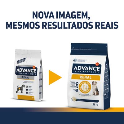 Comparação de embalagens Advance Veterinary Diets Renal 3 kg para cães, com texto: 'Nova imagem, mesmos resultados reais'. Ambas as embalagens visíveis lado a lado.