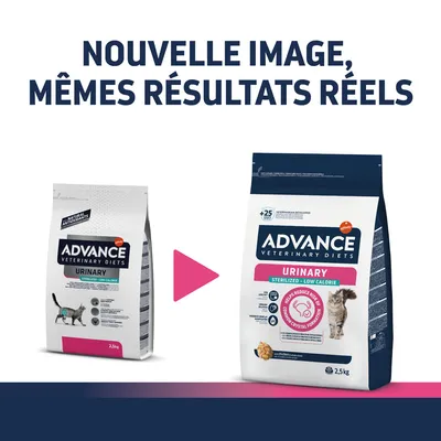 Nouvelle image, mêmes résultats réels. Deux paquets Advance Veterinary Diets Urinary Sterilized Low Calorie 2,5 kg pour chat, ancien et nouveau design d’emballage visibles.