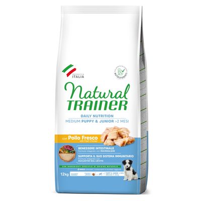 Natural Trainer Daily Nutrition Medium Puppy & Junior >2 mesi con Pollo Fresco, benessere intestinale, supporta il sistema immunitario, 12 kg, senza coloranti, conservanti o zuccheri aggiunti.
