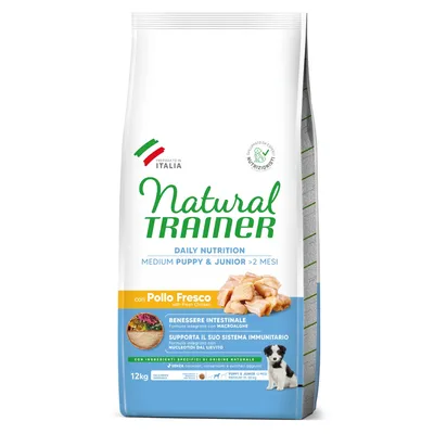 Natural Trainer Daily Nutrition Medium Puppy & Junior >2 mesi con Pollo Fresco, benessere intestinale, supporta il sistema immunitario, 12 kg, senza coloranti, conservanti o zuccheri aggiunti.