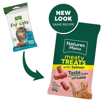 Packaging change for Natures Menu meaty treats with salmon, 95% animal ingredients, net weight 50g. New look, same recipe. Taste cats will love.