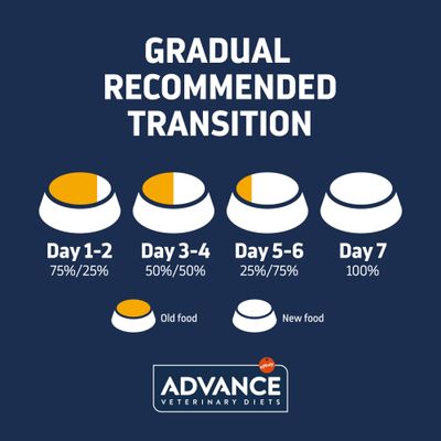 Etetési útmutató: 1–2. nap 75% régi/25% új, 3–4. nap 50%/50%, 5–6. nap 25%/75%, 7. nap 100% új eledel. Advance Veterinary Diets márka.