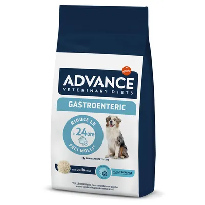 Sacchetto Advance Veterinary Diets Gastroenteric, riduce le feci molli in 24 ore, con pollo e riso, clinicamente testato, immagine di cane sul fronte. Sacchetto Advance Veterinary Diets Gastroenteric, riduce le feci molli in 24 ore, con pollo e riso, clinicamente testato, immagine di cane sul fronte.