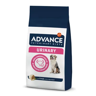 Saco de ração Advance Veterinary Diets Urinary para cães, texto visível: 'Ajuda a diminuir o risco de formação de cristais comuns', com frango, arroz e trigo integral.