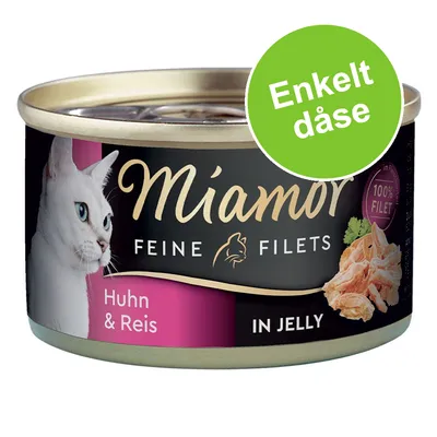 Miamor Feine Filets Huhn & Reis in Jelly, 100% Filet, enkelt dåse. Billede af hvid kat og kyllingestykker på emballagen.