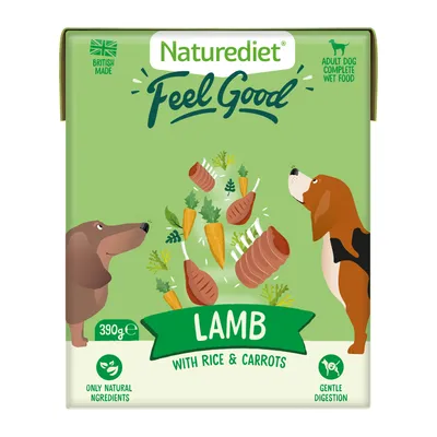 Adult dog complete wet food, lamb with rice and carrots, only natural ingredients, gentle digestion, British made, 390g pack.