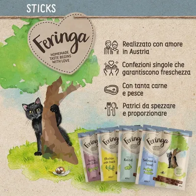 Feringa Sticks per gatti, vari gusti. Testo: realizzato con amore in Austria, confezioni singole che garantiscono freschezza, con tanta carne e pesce, patrici da spezzare e proporzionare.