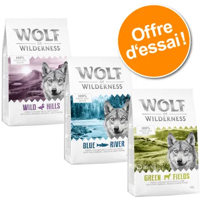 Wolf of Wilderness Wild Hills, Blue River, Green Fields 1 kg, 100 % grain-free recipe, offre d’essai visible sur un badge orange