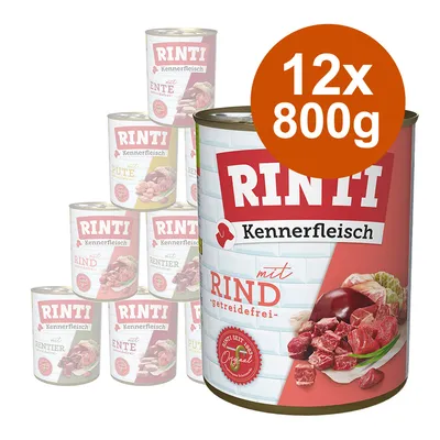 RINTI Kennerfleisch, getreidefrei, mit Rind. Packung: 12 Dosen à 800g. Weitere Sorten sichtbar: Ente, Pute, Rentier. RINTI Kennerfleisch, getreidefrei, mit Rind. Packung: 12 Dosen à 800g. Weitere Sorten sichtbar: Ente, Pute, Rentier.