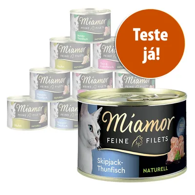 Várias latas de Miamor Feine Filets para gatos, sabores visíveis: Skipjack-Thunfisch, Huhn, Bonito-Thunfisch, Thun & Krebsfleisch. Texto em destaque: Teste já! Várias latas de Miamor Feine Filets para gatos, sabores visíveis: Skipjack-Thunfisch, Huhn, Bonito-Thunfisch, Thun & Krebsfleisch. Texto em destaque: Teste já!