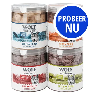 Wolf of Wilderness freeze dried snacks: Blue River 100% salmon fillet, Wide Acres 100% chicken hearts, High Valley 100% beef liver, Green Fields 100% lamb lung. Probeer nu.
