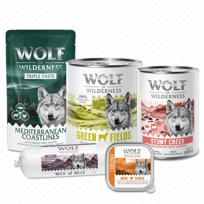 Različite vrste hrane za pse Wolf of Wilderness: Mediterranean Coastlines, Green Fields, Stony Creek, Wild Hills i Wide Acres. Vidljive oznake 100 % grain-free recipe.