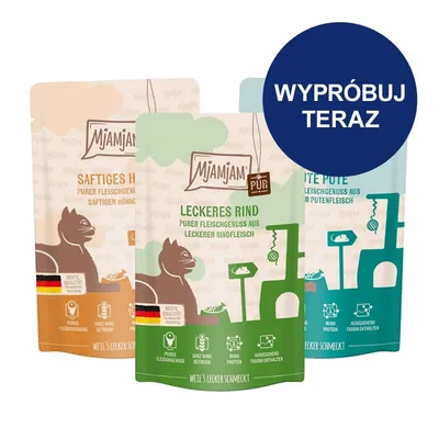 Mjamjam Leckeres Rind, Saftiges Huhn, Feine Pute – opakowania karmy dla kotów. Widoczne napisy: 'WYPRÓBUJ TERAZ', 'Beste Qualität aus Deutschland', 'Purer Fleischgenuss', 'Ganz ohne Getreide'. Mjamjam Leckeres Rind, Saftiges Huhn, Feine Pute – opakowania karmy dla kotów. Widoczne napisy: 'WYPRÓBUJ TERAZ', 'Beste Qualität aus Deutschland', 'Purer Fleischgenuss', 'Ganz ohne Getreide'.