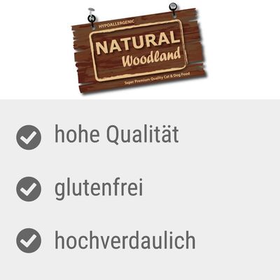 Natural Woodland hypoallergenes Premium-Tierfutter. Eigenschaften: hohe Qualität, glutenfrei, hochverdaulich.