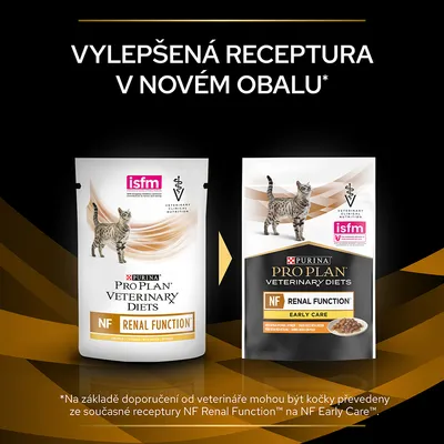 PURINA PRO PLAN VETERINARY DIETS NF Renal Function pre mačky, vylepšená receptúra v novom obale. ISFM schválené. Dva balíky s obrázkom mačky a textom o zmene receptúry.