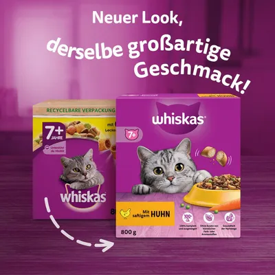 Whiskas Trockenfutter für Katzen ab 7 Jahren, neuer Look, mit saftigem Huhn, 800g. Recycelbare Verpackung, unterstützt Vitalität, ohne Zusatz von künstlichen Farb- oder Aromastoffen.