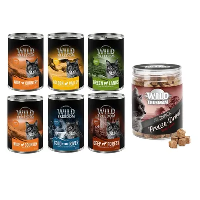 Wild Freedom Kombi-Paket: 24 x 400 g Adult Nassfutter + 3 x 45 g RAW - Mixpaket 1 (Huhn, Seelachs, Lamm, Kaninchen, Wild) + Hühnerherzen